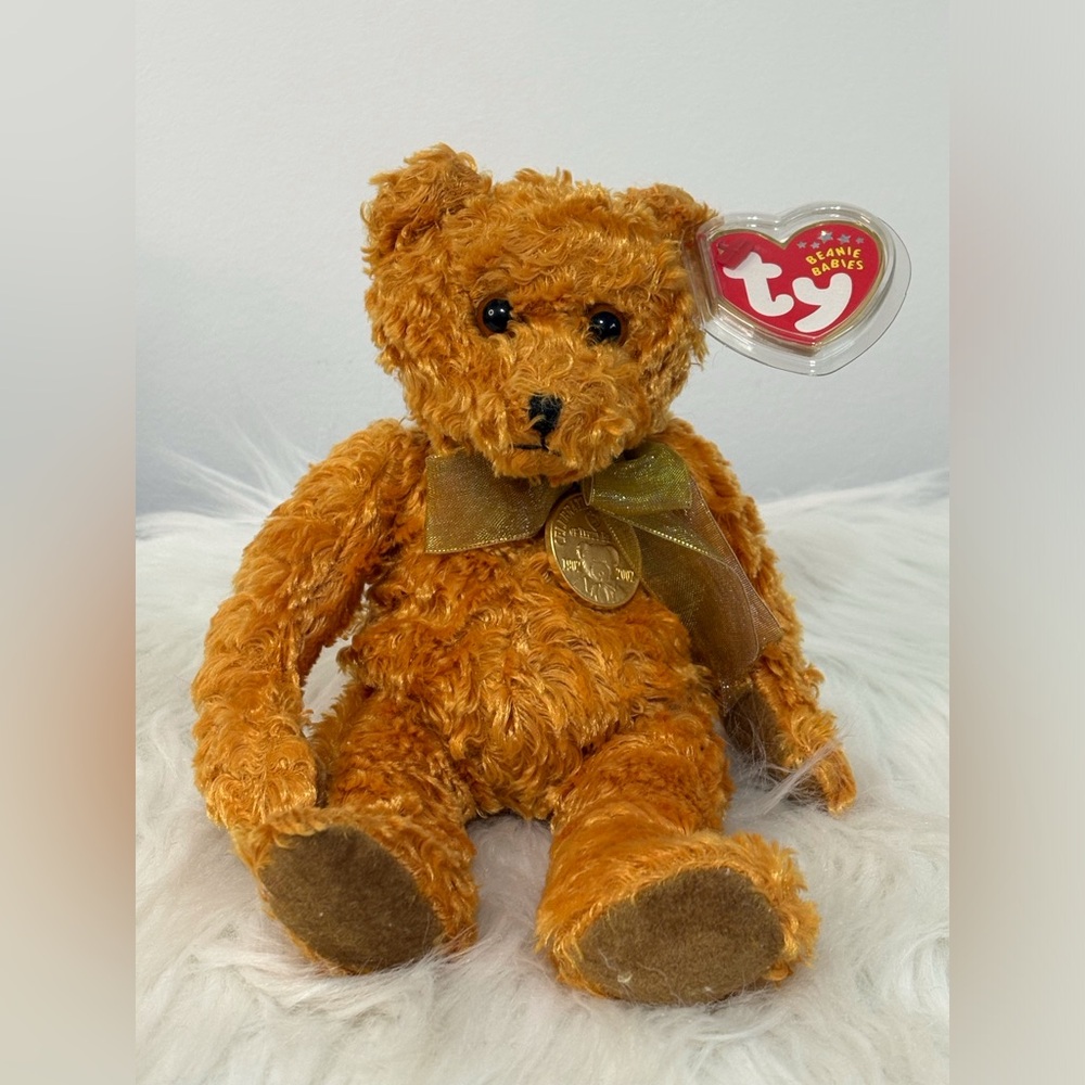 Ty Golden Brown Mohair like Teddy Beanie Baby with Ribbon and Medallion 100 Year